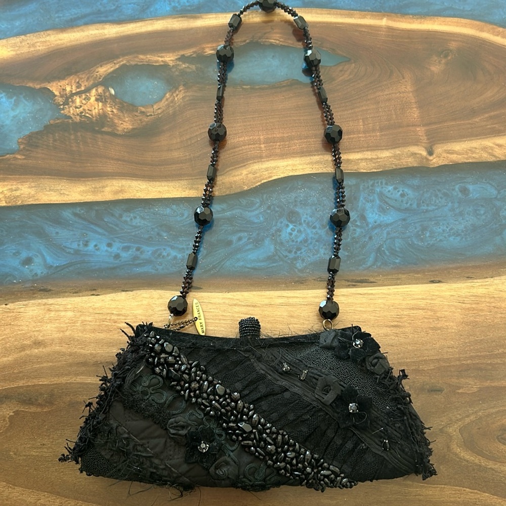 Vintage Mary Frances Silk Flowers Evening Black Rhinestone Shoulder Bag